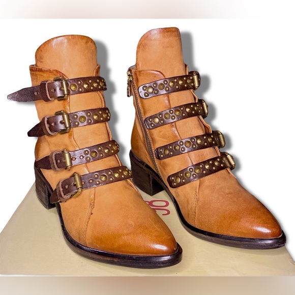 A.S.98 Frankie Studded Tan Leather Buckled Booties - Size 37 / New in Box - Picture 4 of 11